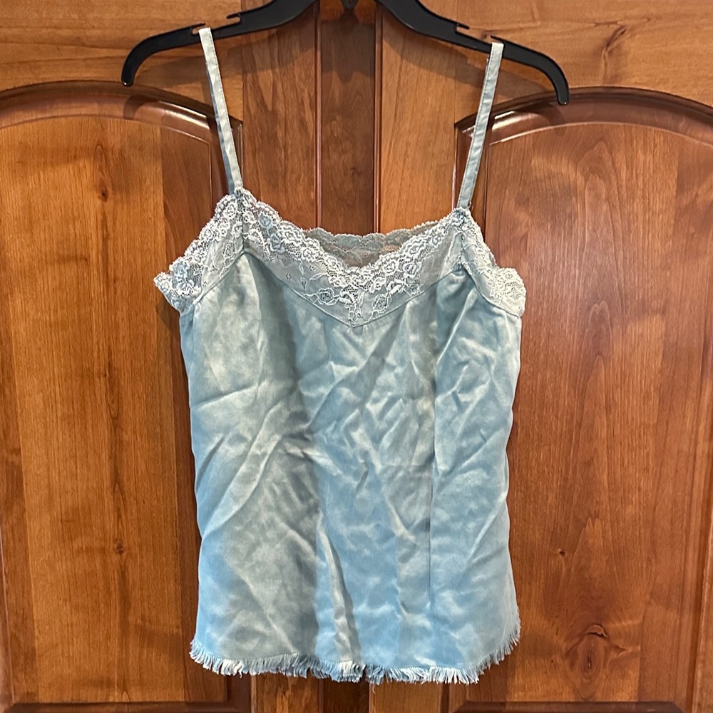 Light Blue Lace-Trim Satin Tank Top